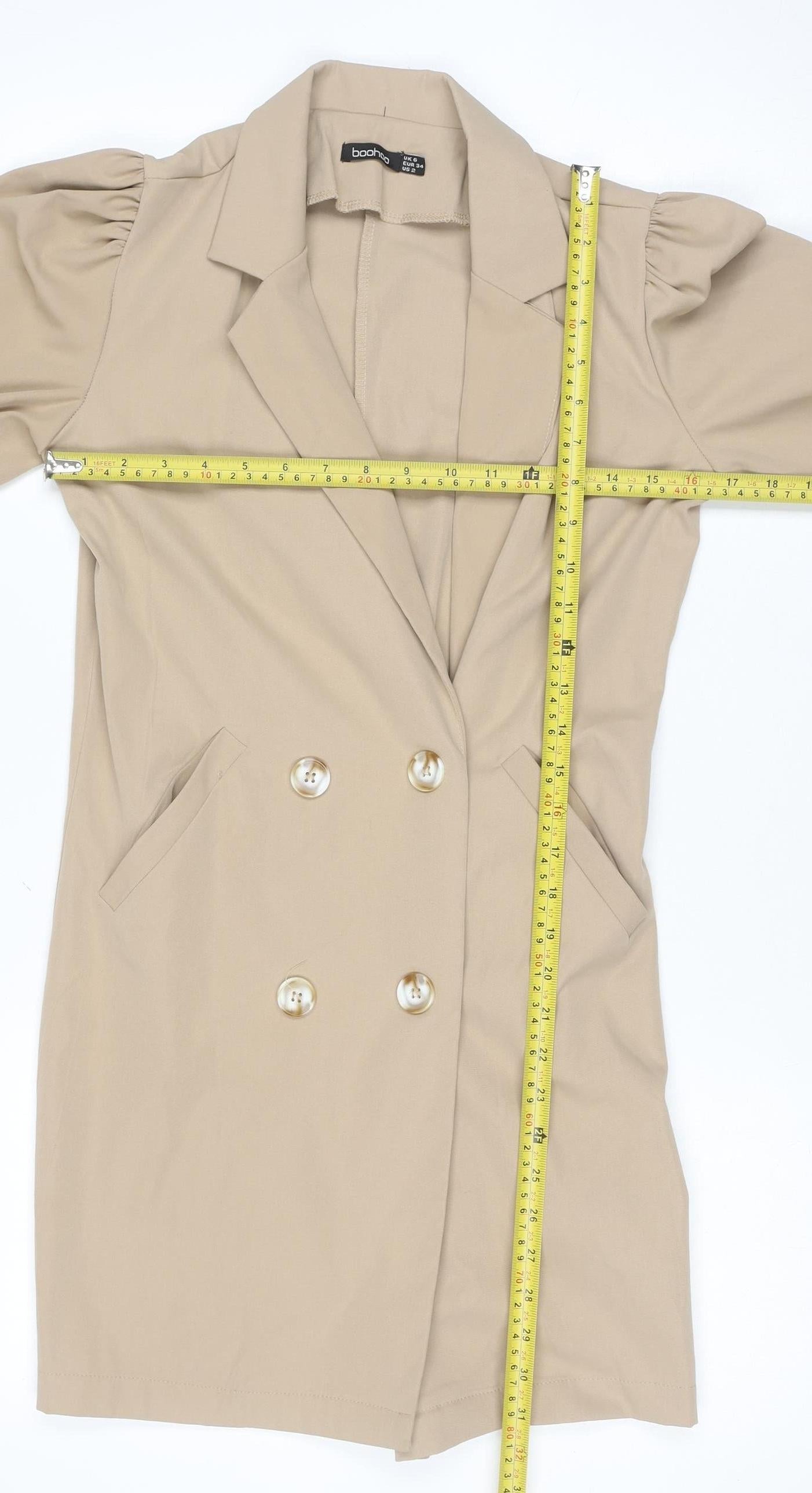Boohoo Women's Beige Mid-Length Puff Sleeve Blazer UK 6