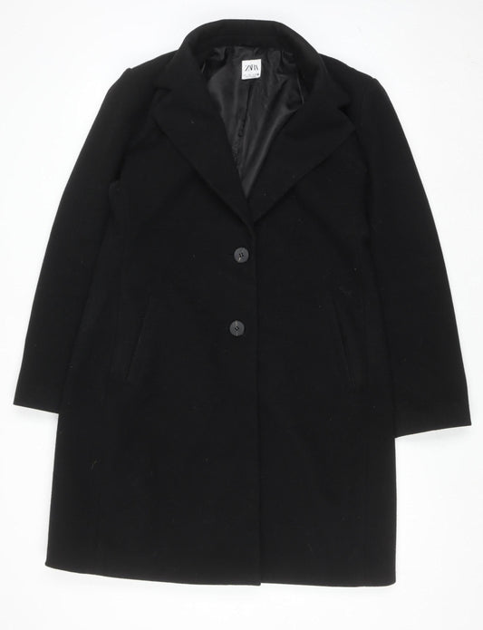 ZARA Women Black Mid-Length Polyester Overcoat Size L