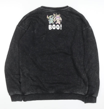Close-up detail of Primark Disney Stitch boys’ black sweatshirt 12-13 years pullover crew neck