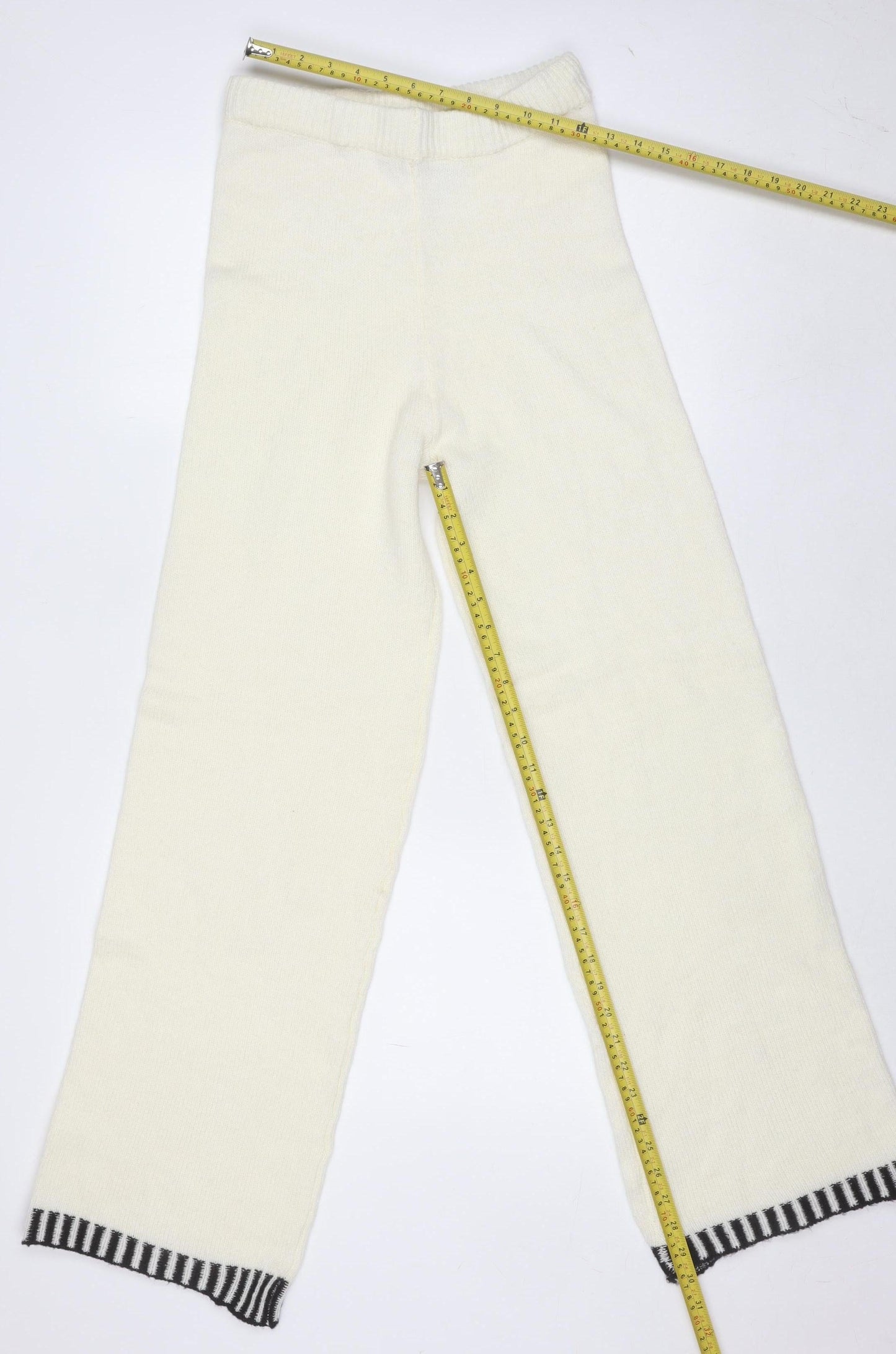 Boohoo Women Ivory Knit Trousers L Acrylic Wool Blend Elastic Waist