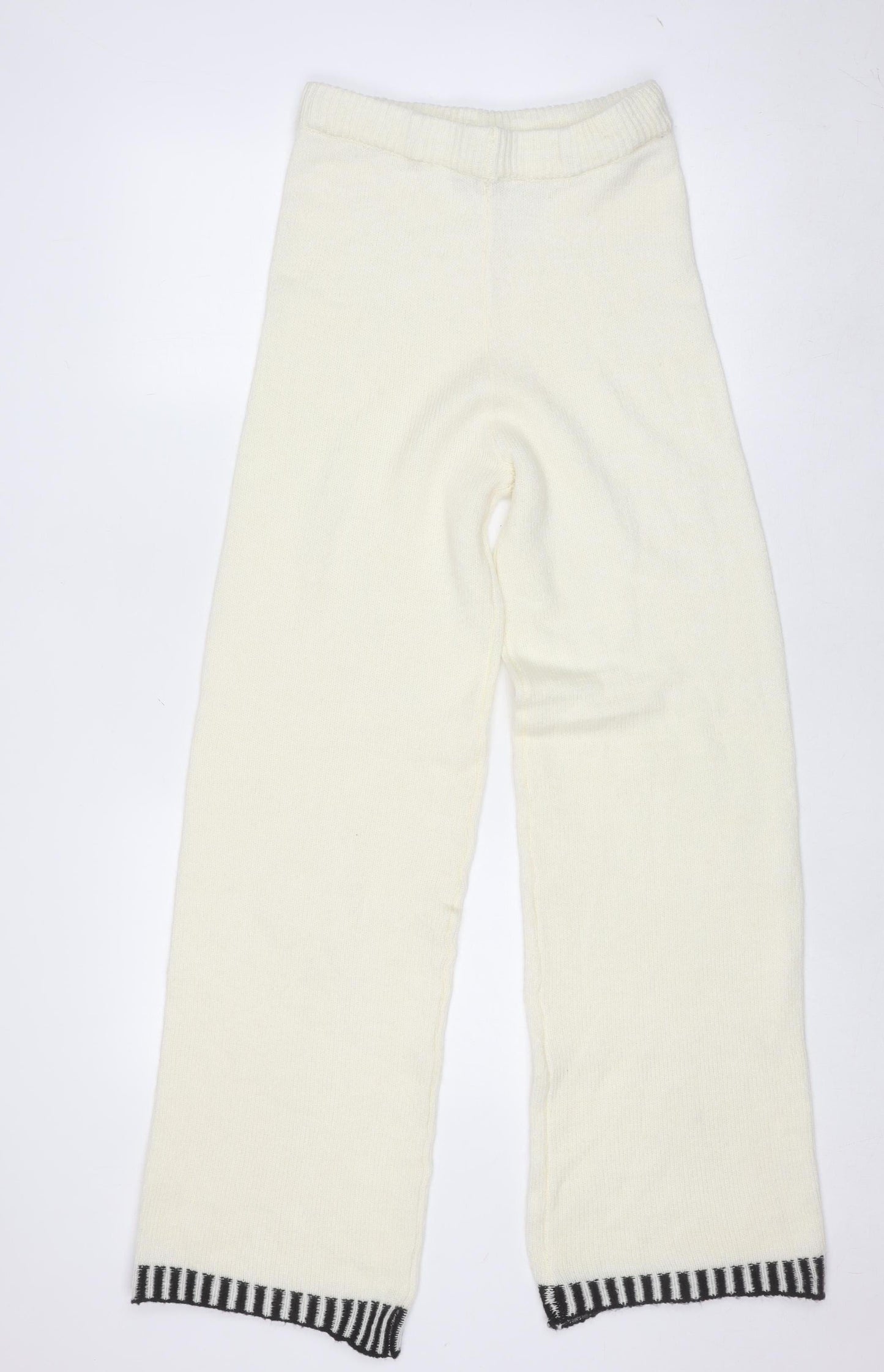 Boohoo Women Ivory Knit Trousers L Acrylic Wool Blend Elastic Waist