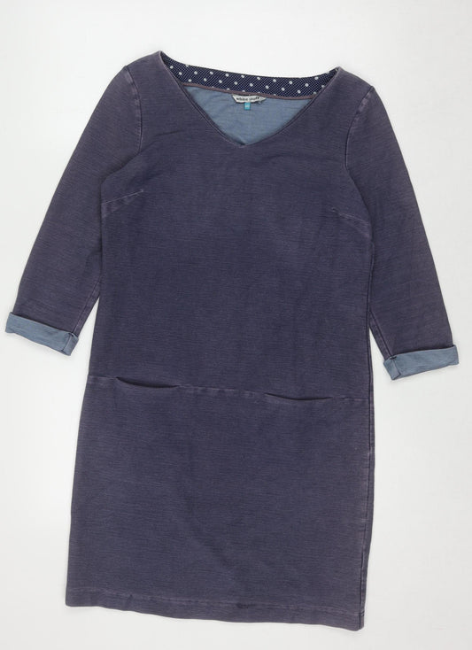 White Stuff Women's Blue Shift Dress Size 10 Cotton Blend V-Neck 3/4 Sleeve