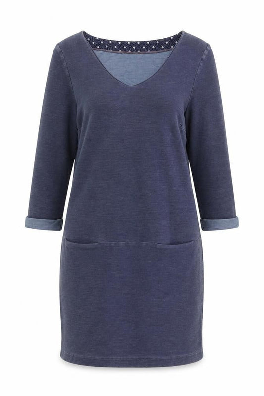 White Stuff Women's Blue Shift Dress Size 10 Cotton Blend V-Neck 3/4 Sleeve