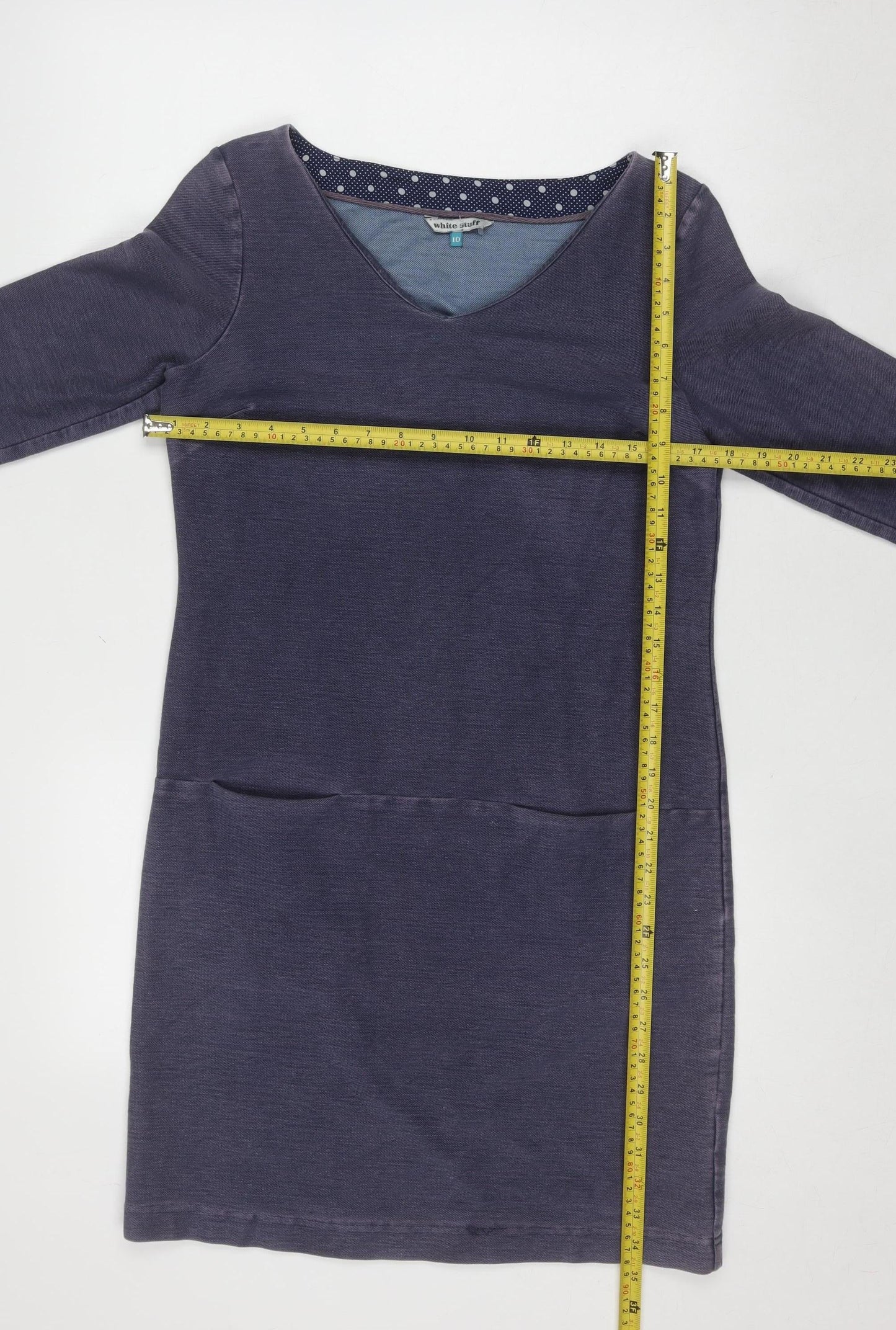 White Stuff Women's Blue Shift Dress Size 10 Cotton Blend V-Neck 3/4 Sleeve