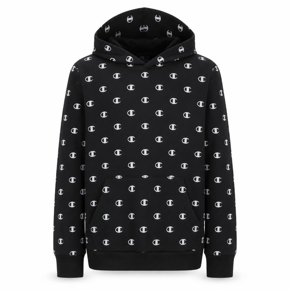 Champion Boys Black 13-14 Years Pullover Hoodie All Over Logo Print