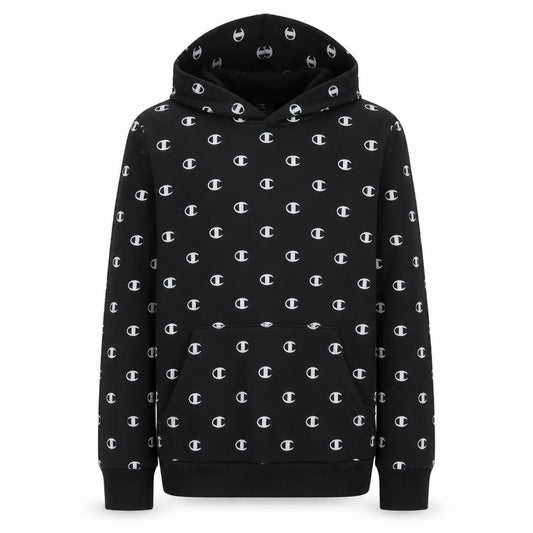 Champion Boys Black 13-14 Years Pullover Hoodie All Over Logo Print