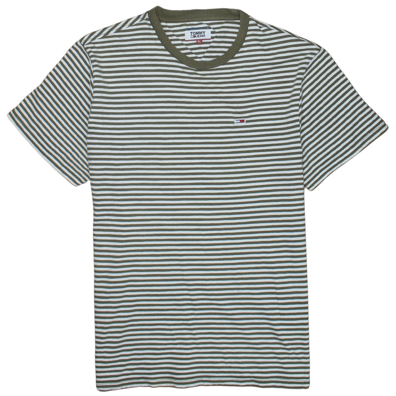Tommy Jeans Men's Green White Striped Cotton T-Shirt XL