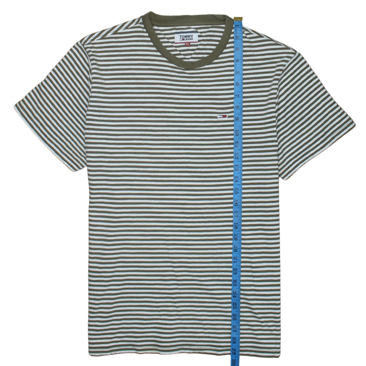 Tommy Jeans Men's Green White Striped Cotton T-Shirt XL