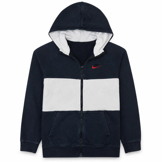 Front view of Nike boys’ black and white full zip hoodie xl 158-170cm logo hooded sweatshirt