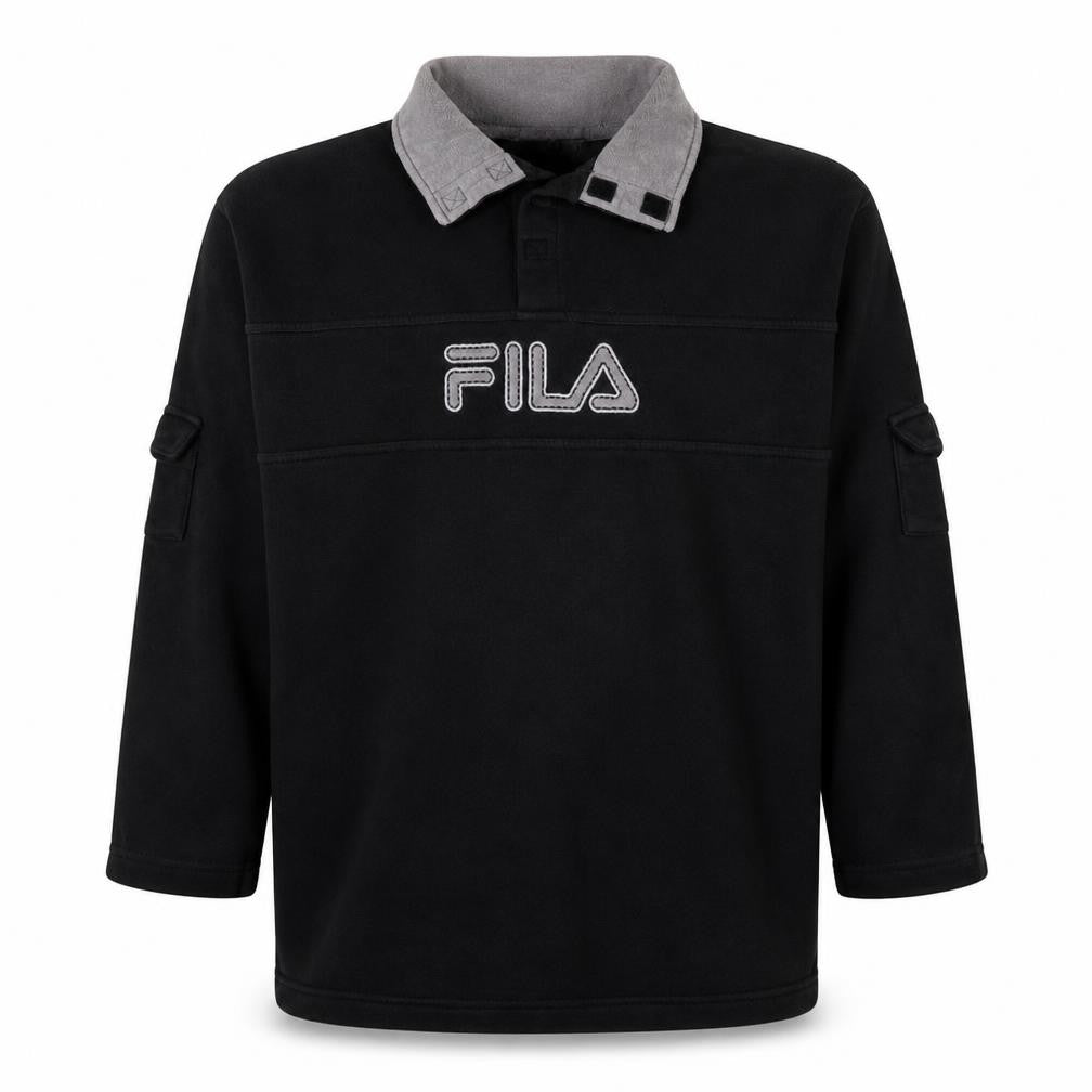 Fila Mens Black Collared Henley Sweatshirt M Embroidered Logo