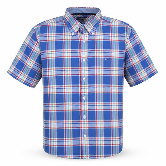 Tommy Hilfiger Men's Blue Plaid Cotton Short Sleeve Shirt L Slim Fit