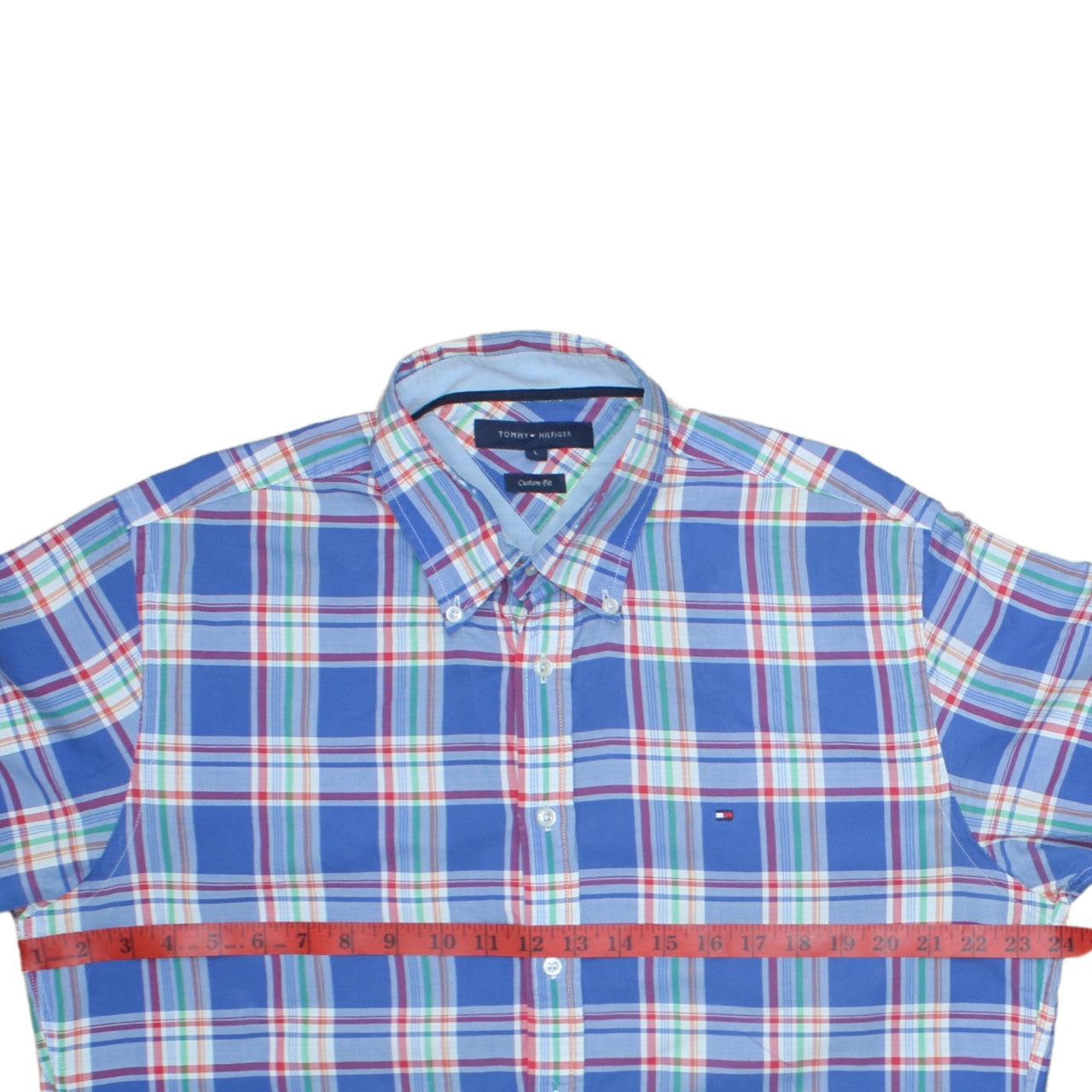 Tommy Hilfiger Men's Blue Plaid Cotton Short Sleeve Shirt L Slim Fit
