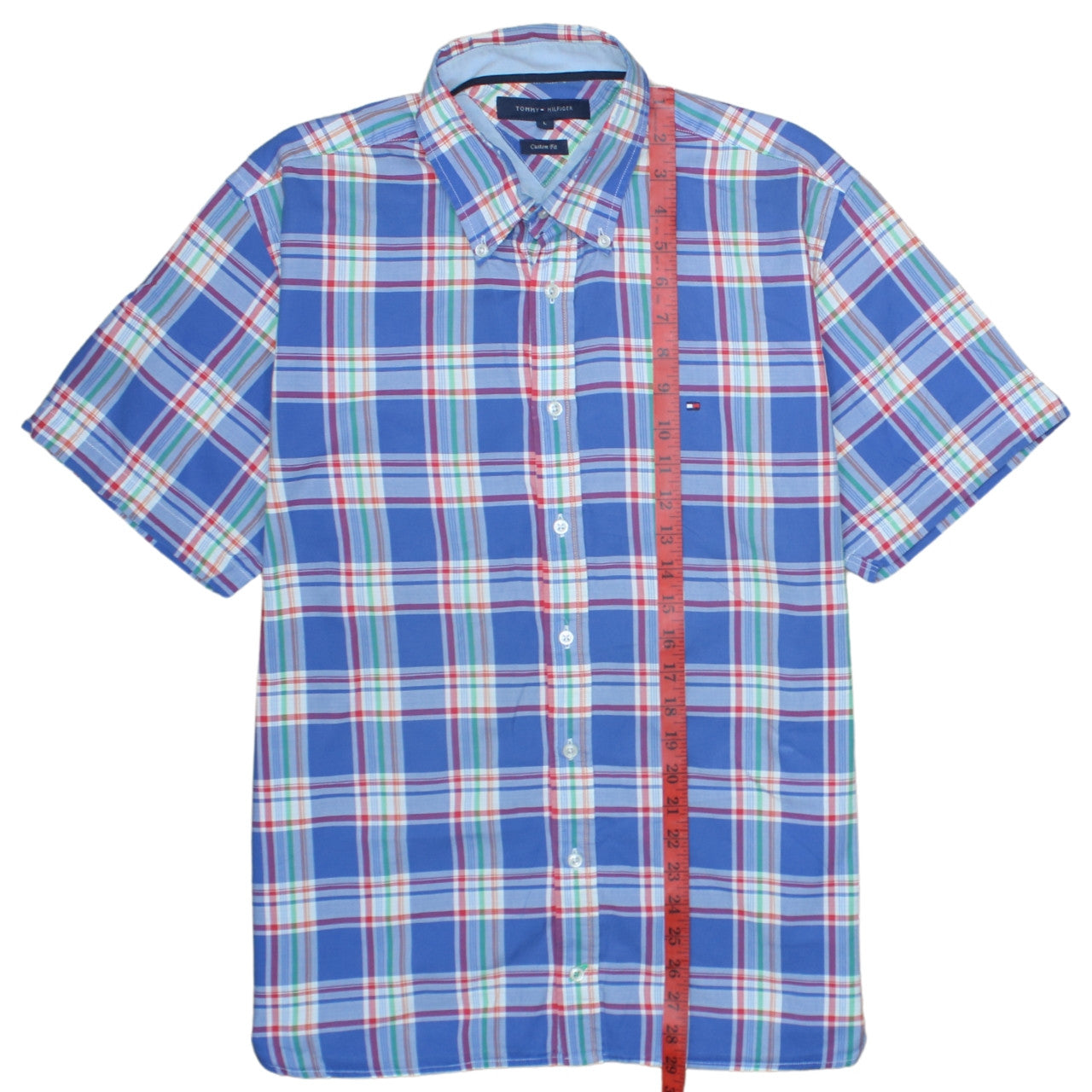 Tommy Hilfiger Men's Blue Plaid Cotton Short Sleeve Shirt L Slim Fit