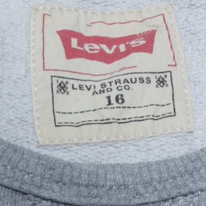 Brand and care label for Levi's boys’ grey logo pullover sweatshirt, size 16, years crew neck