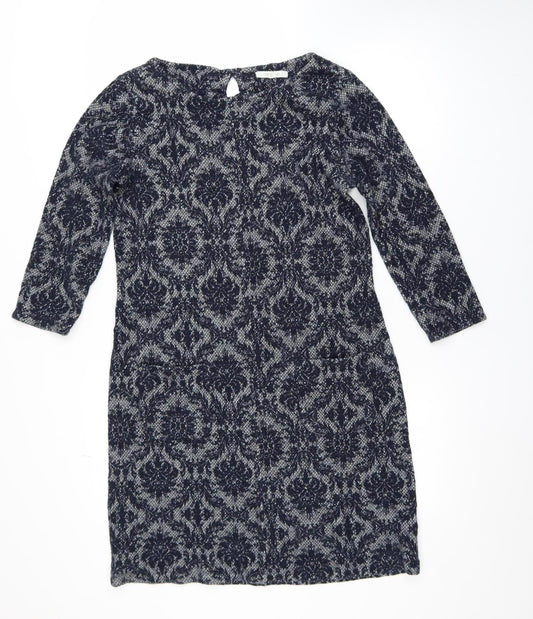White Stuff Women's Blue Geometric Shift Dress Size 12 3/4 Sleeve
