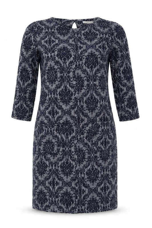 White Stuff Women's Blue Geometric Shift Dress Size 12 3/4 Sleeve