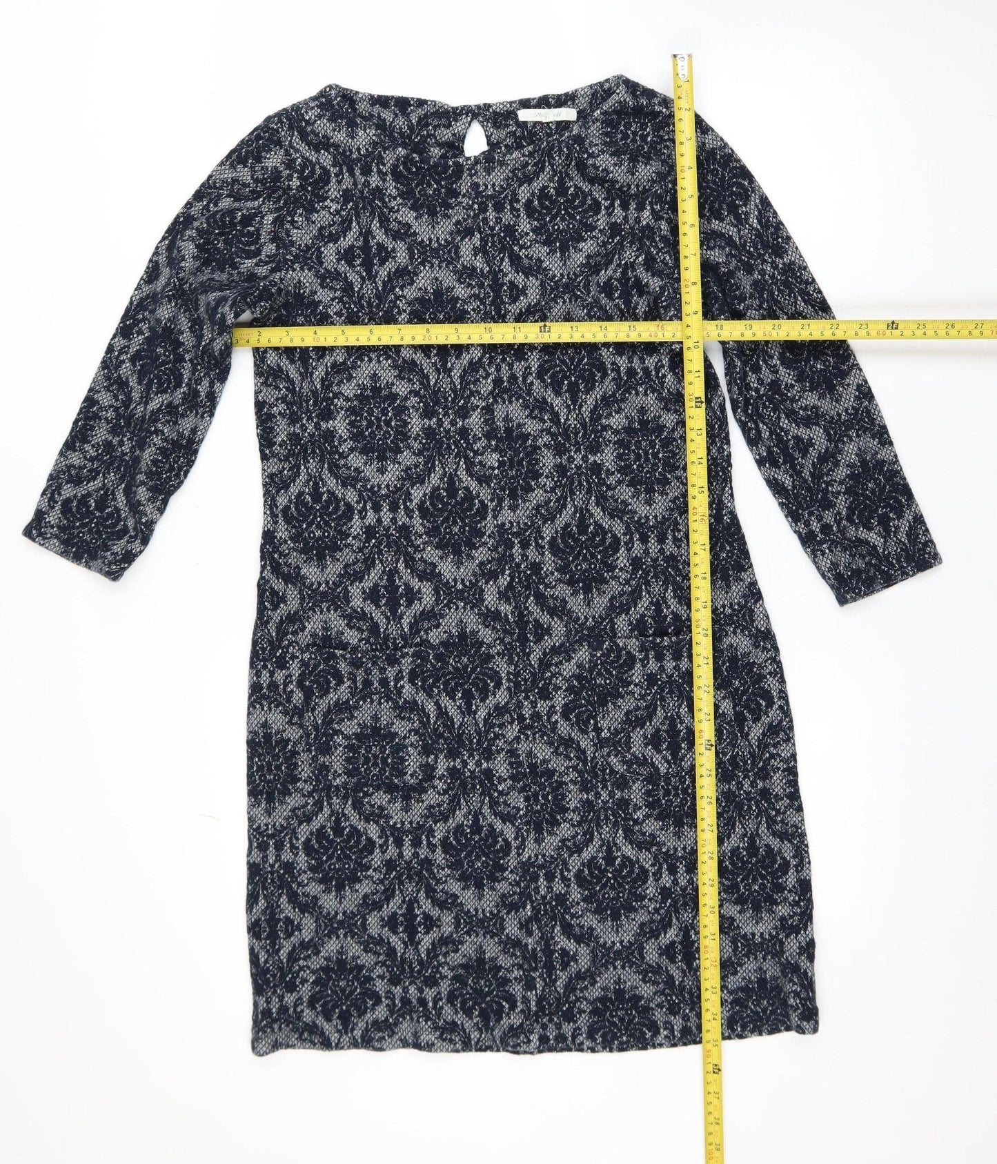 White Stuff Women's Blue Geometric Shift Dress Size 12 3/4 Sleeve