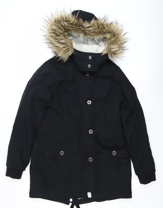 Hollister Womens Black Faux Fur Hooded Parka Coat Size M