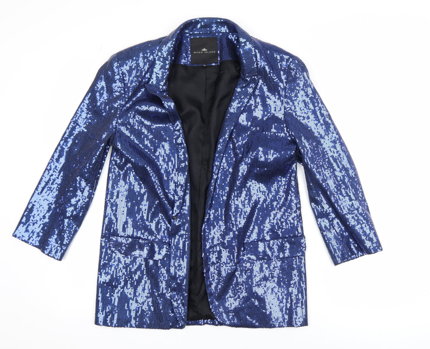 River Island Women's Blue Sequin Tuxedo Blazer Size 10 Party Jacket