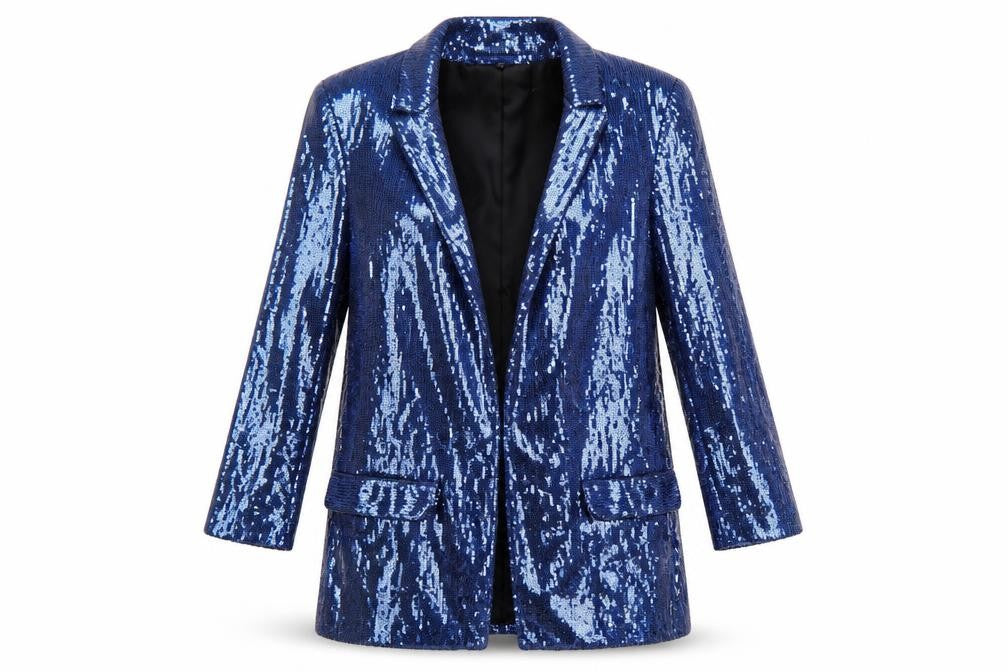 River Island Women's Blue Sequin Tuxedo Blazer Size 10 Party Jacket
