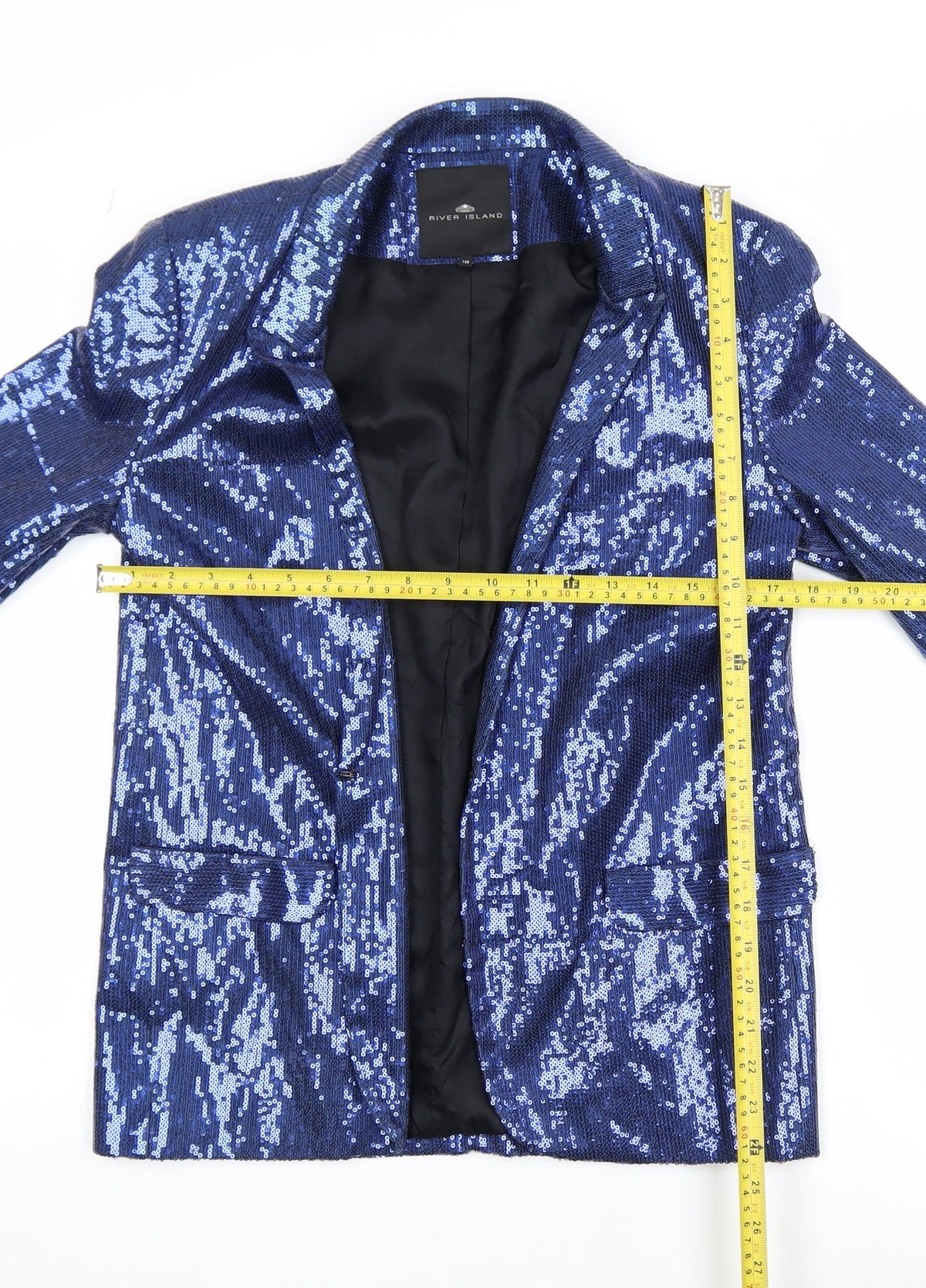 River Island Women's Blue Sequin Tuxedo Blazer Size 10 Party Jacket