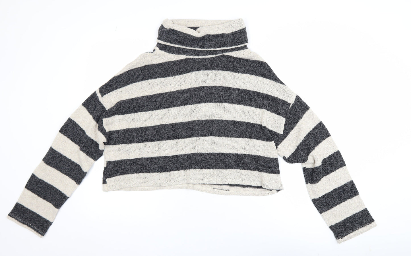 Pull&Bear Womens Grey Striped Roll Neck Knit Jumper Size L