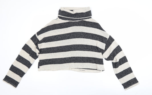 Pull&Bear Womens Grey Striped Roll Neck Knit Jumper Size L