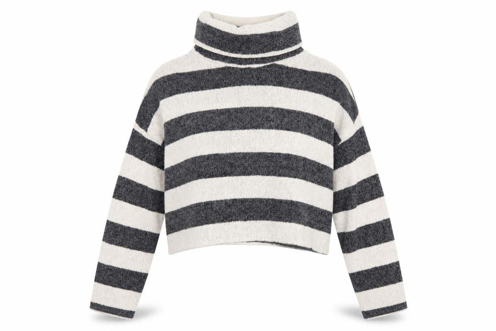 Pull&Bear Womens Grey Striped Roll Neck Knit Jumper Size L