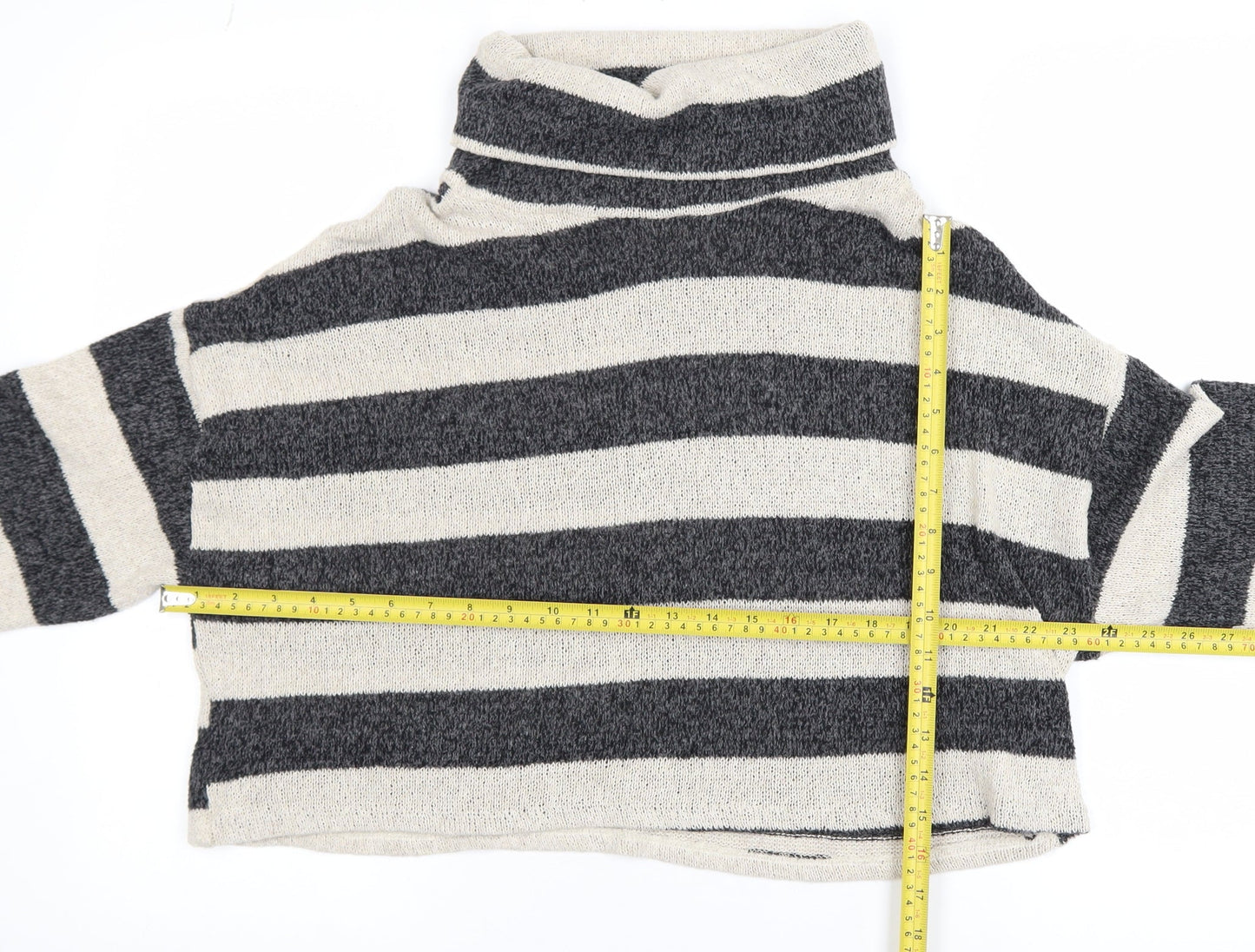Pull&Bear Womens Grey Striped Roll Neck Knit Jumper Size L