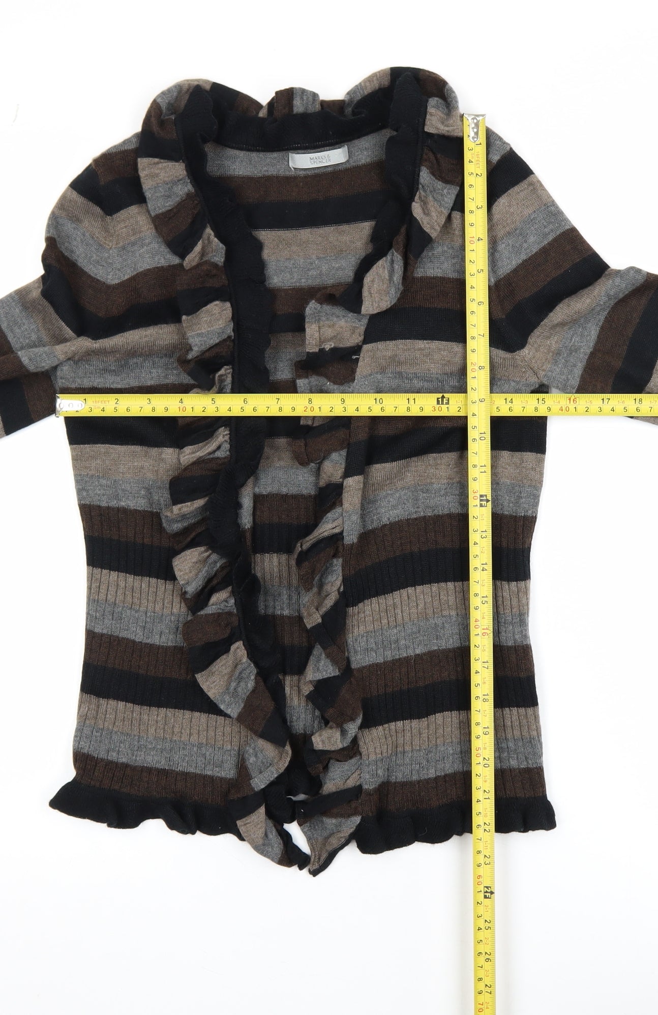Marks and Spencer Women’s Brown Stripe Ruffle Knit Cardigan UK 12