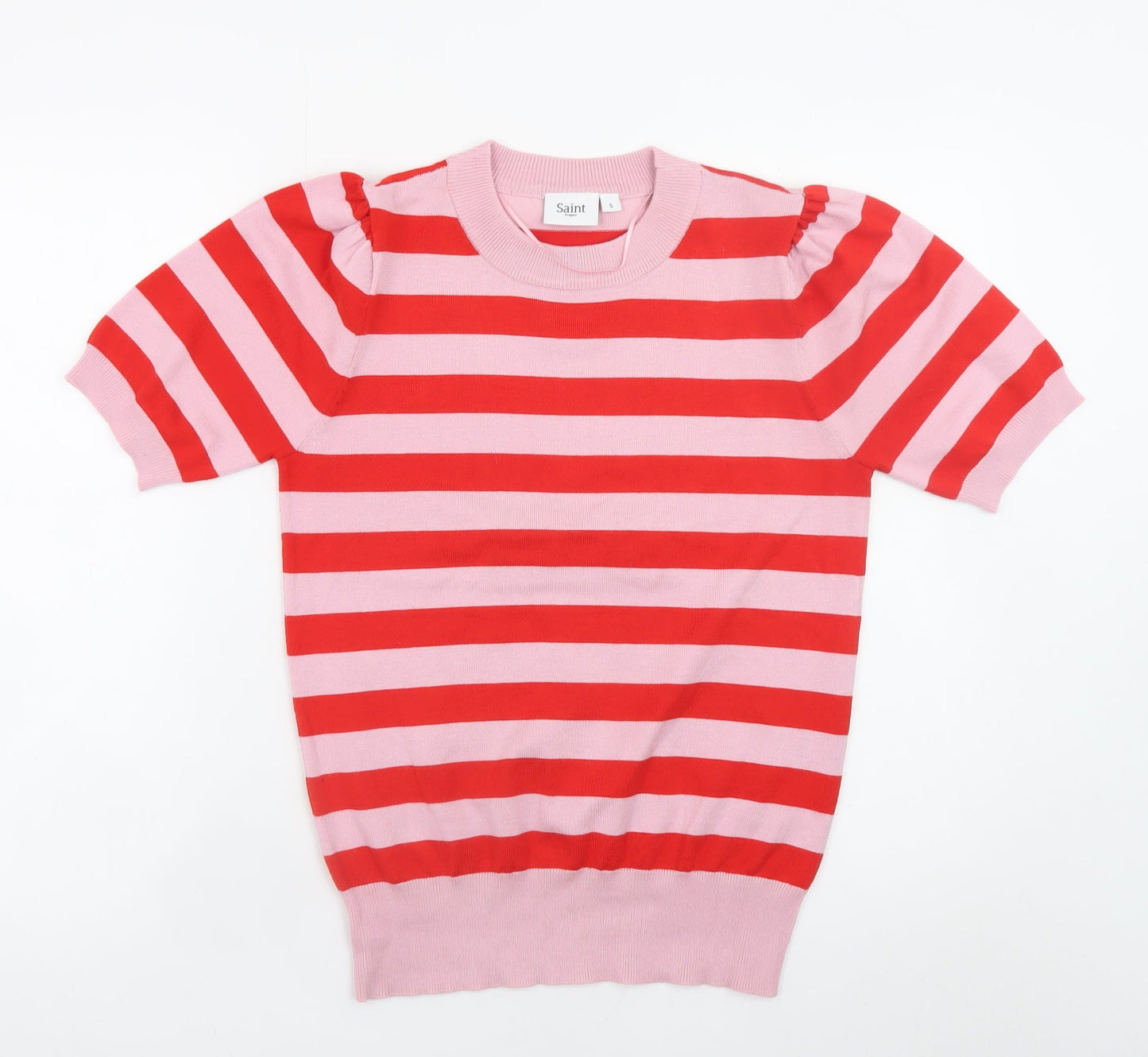 Saint Tropez Women's Pink Red Striped Puff Sleeve Knit Jumper S