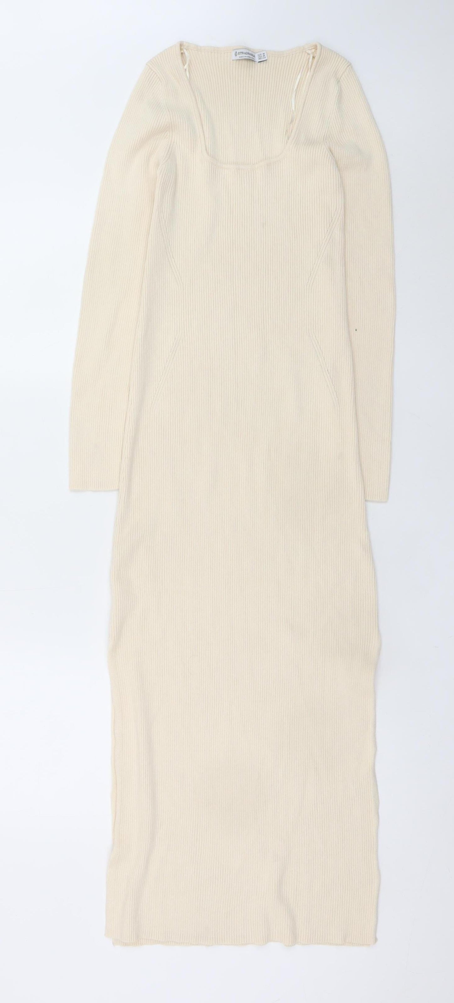 Stradivarius Women’s Beige Ribbed Knit Bodycon Midi Dress Size 10