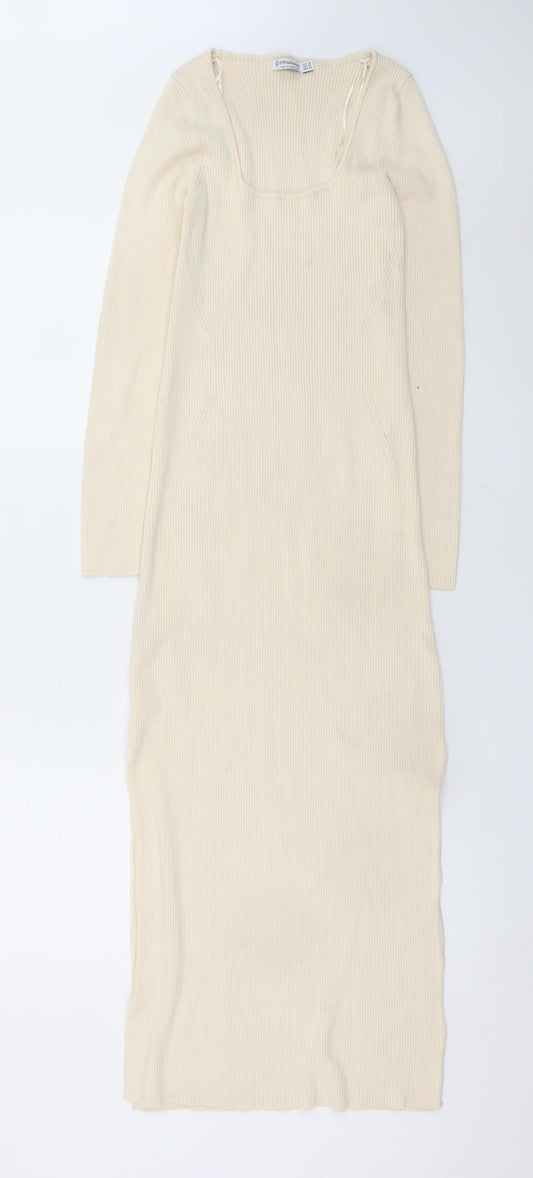Stradivarius Women’s Beige Ribbed Knit Bodycon Midi Dress Size 10