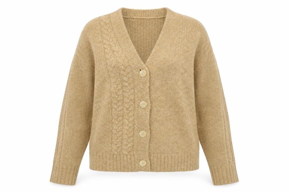 Cabi Women Beige Cable Knit Cardigan Small V-Neck Button Down