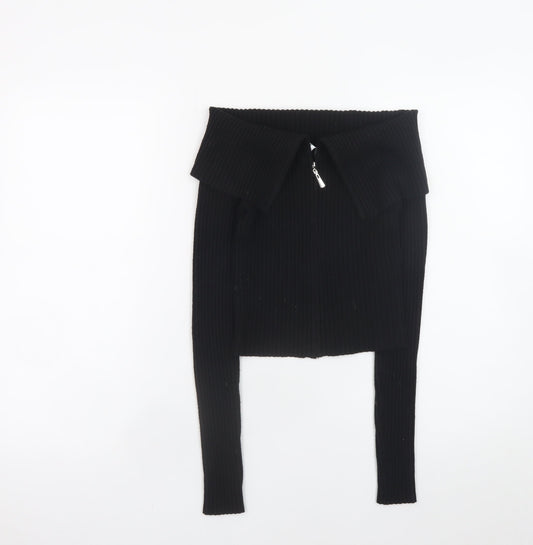 Bershka Women Black Collared Zip Front Knit Jumper Size 12