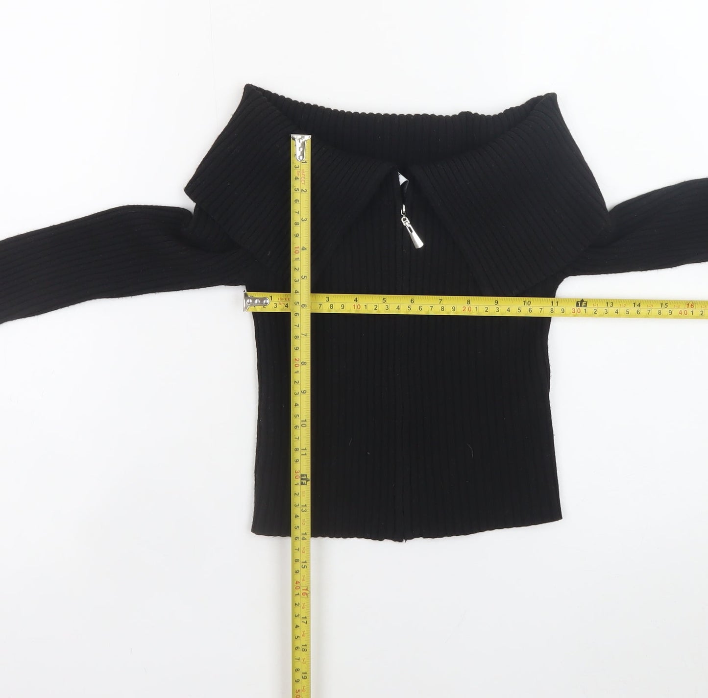 Bershka Women Black Collared Zip Front Knit Jumper Size 12