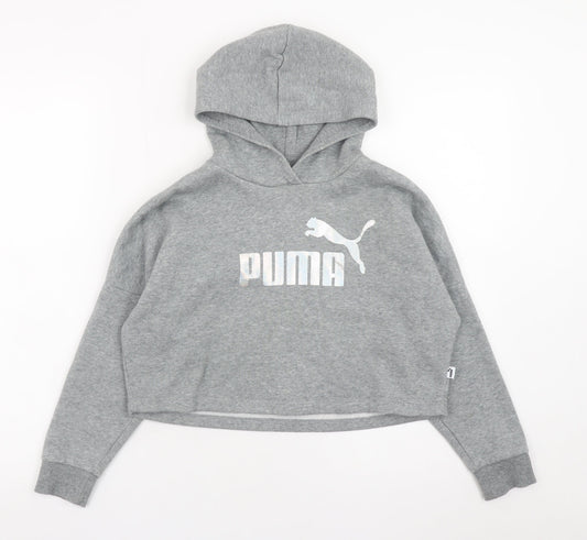 Puma Girls Grey Hooded Pullover Sweatshirt 7-8 Years Cropped Logo Style