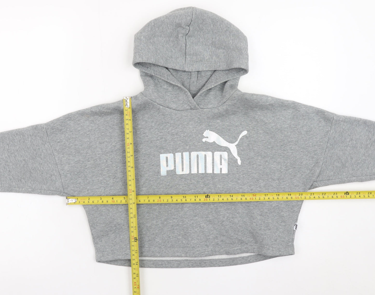Puma Girls Grey Hooded Pullover Sweatshirt 7-8 Years Cropped Logo Style