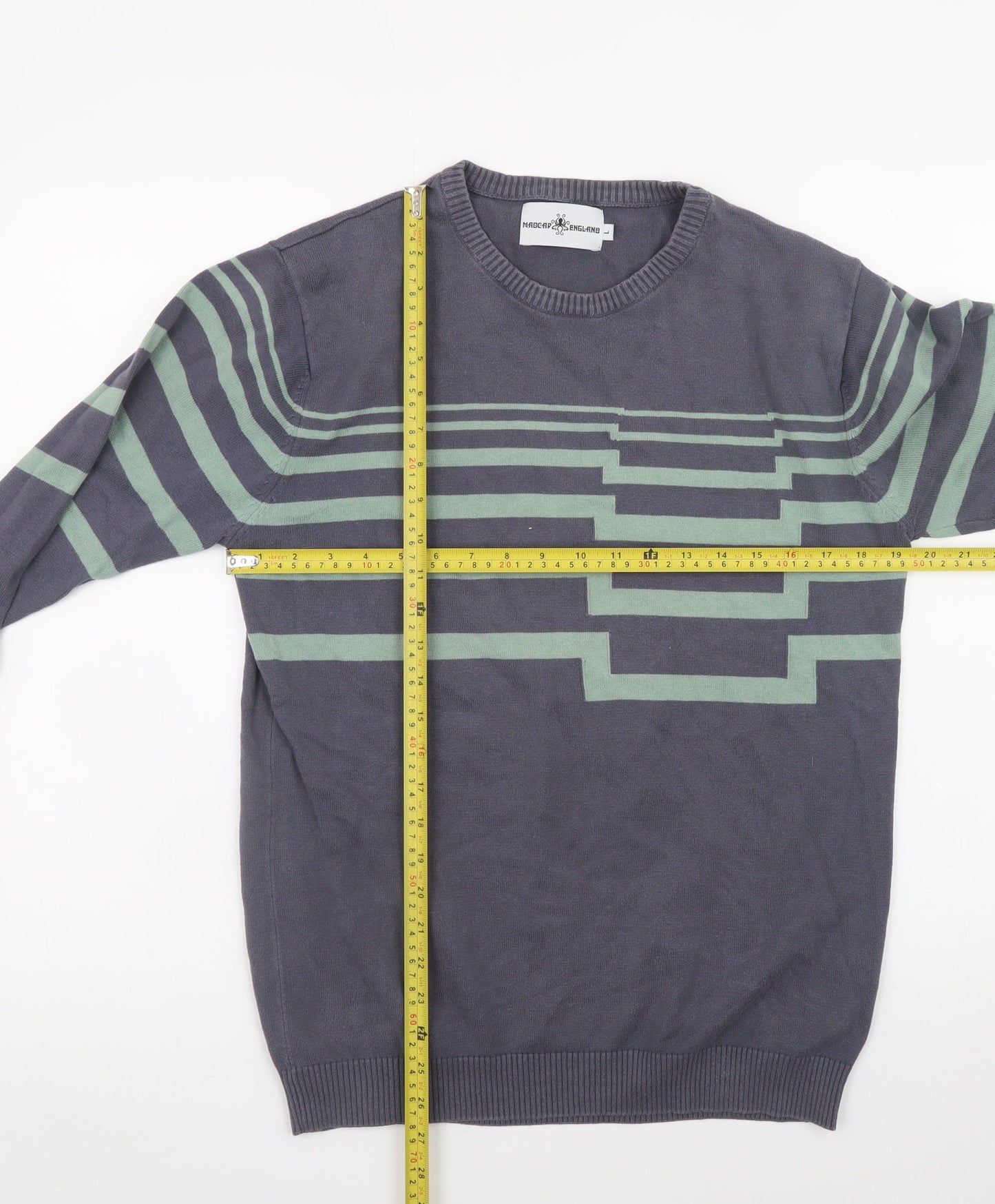 Madcap England Men's Grey Green Striped Cotton Pullover Jumper L