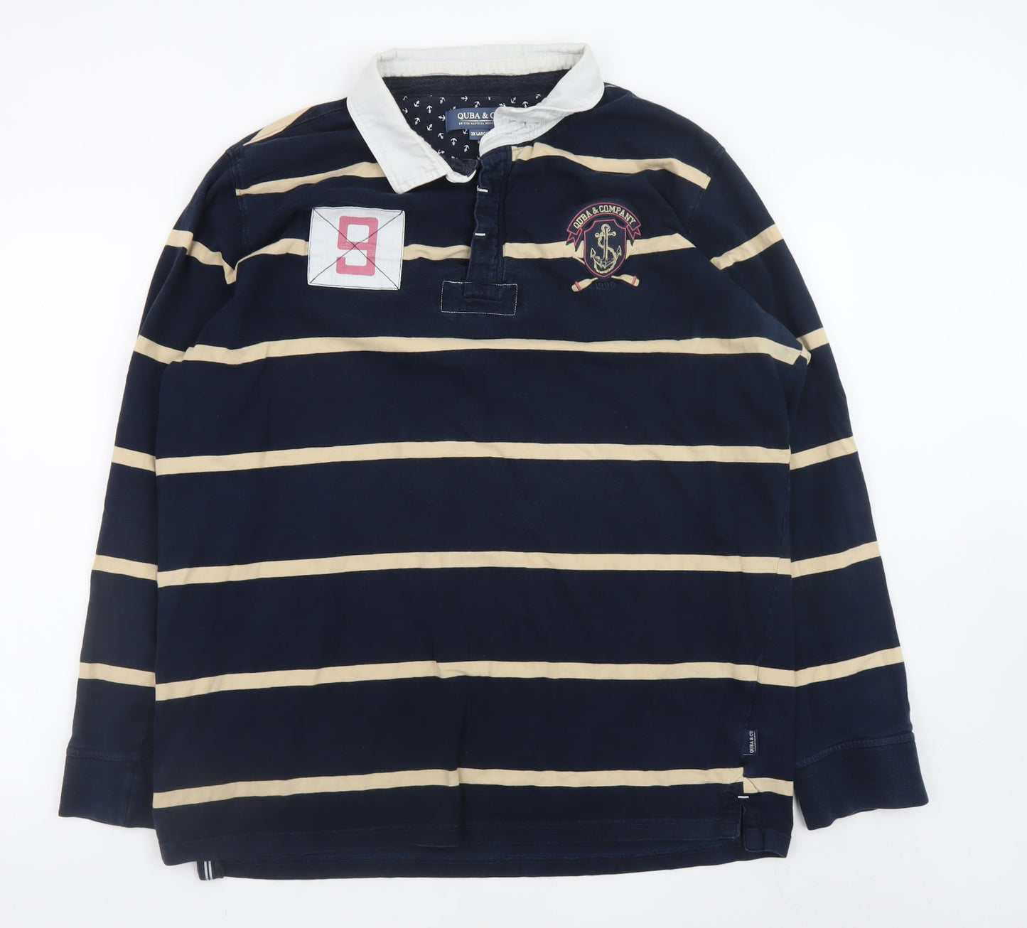 Quba & Co Men's Blue Striped Button-Up Rugby Shirt 2XL Long Sleeve Cotton