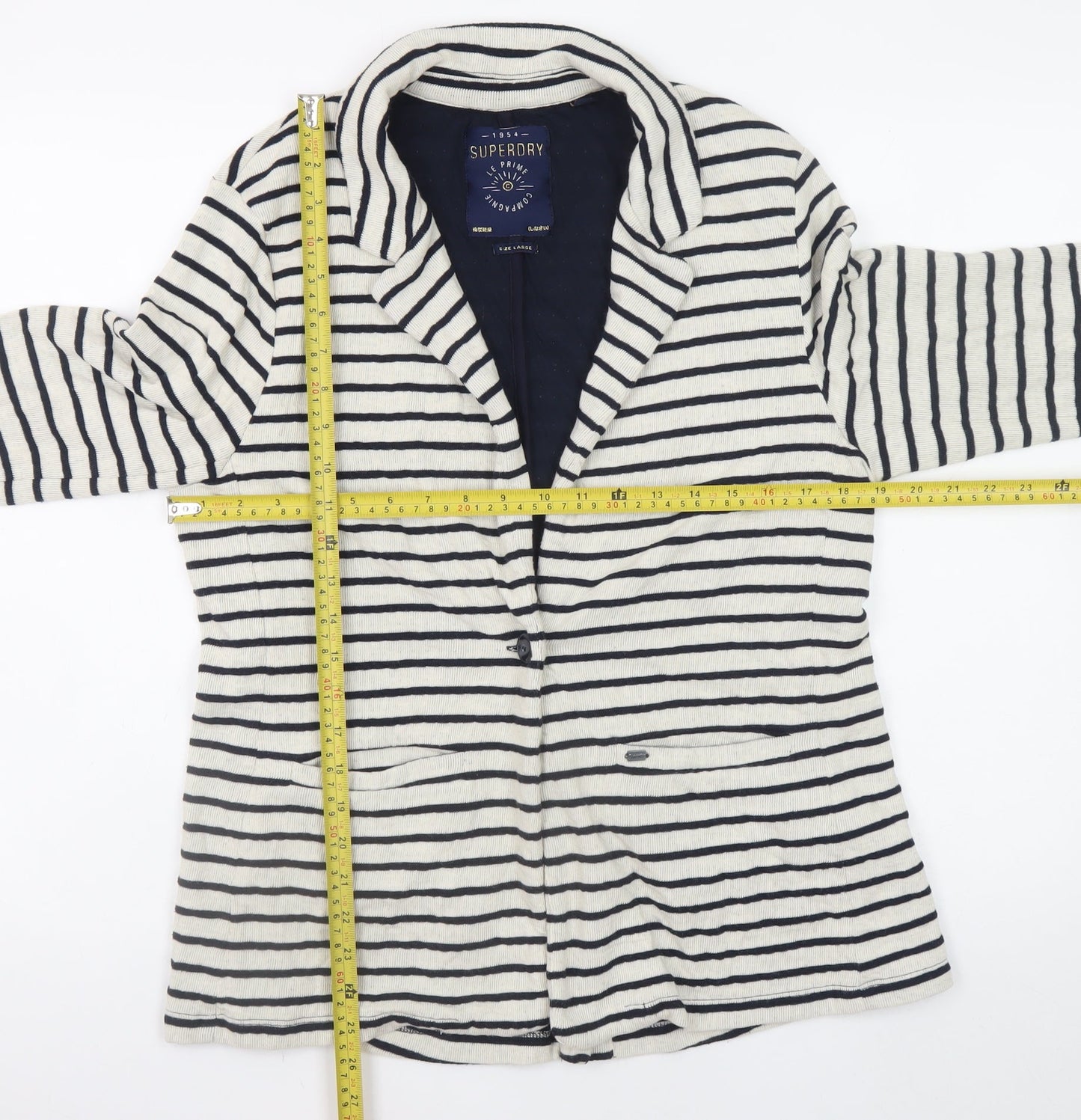 Superdry Womens White Striped Knit Cardigan L Collared Long Sleeve