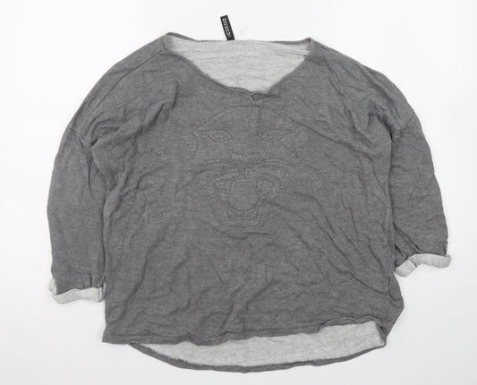 H&M Divided Women Grey Large Pullover Sweatshirt with Tiger Motif