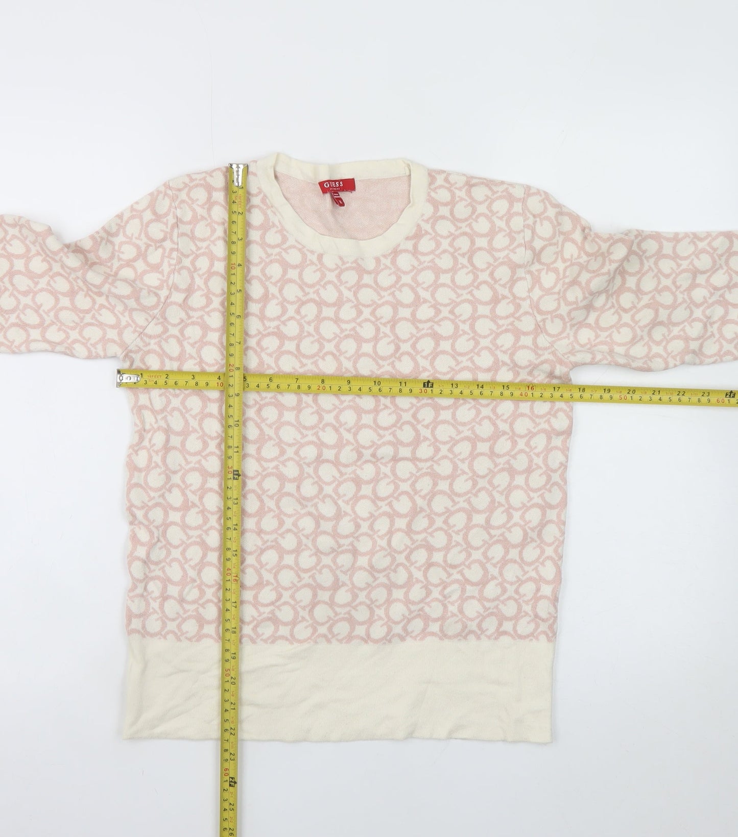 Guess Women Cream Pink Logo Knit Jumper XL Long Sleeve Crew Neck