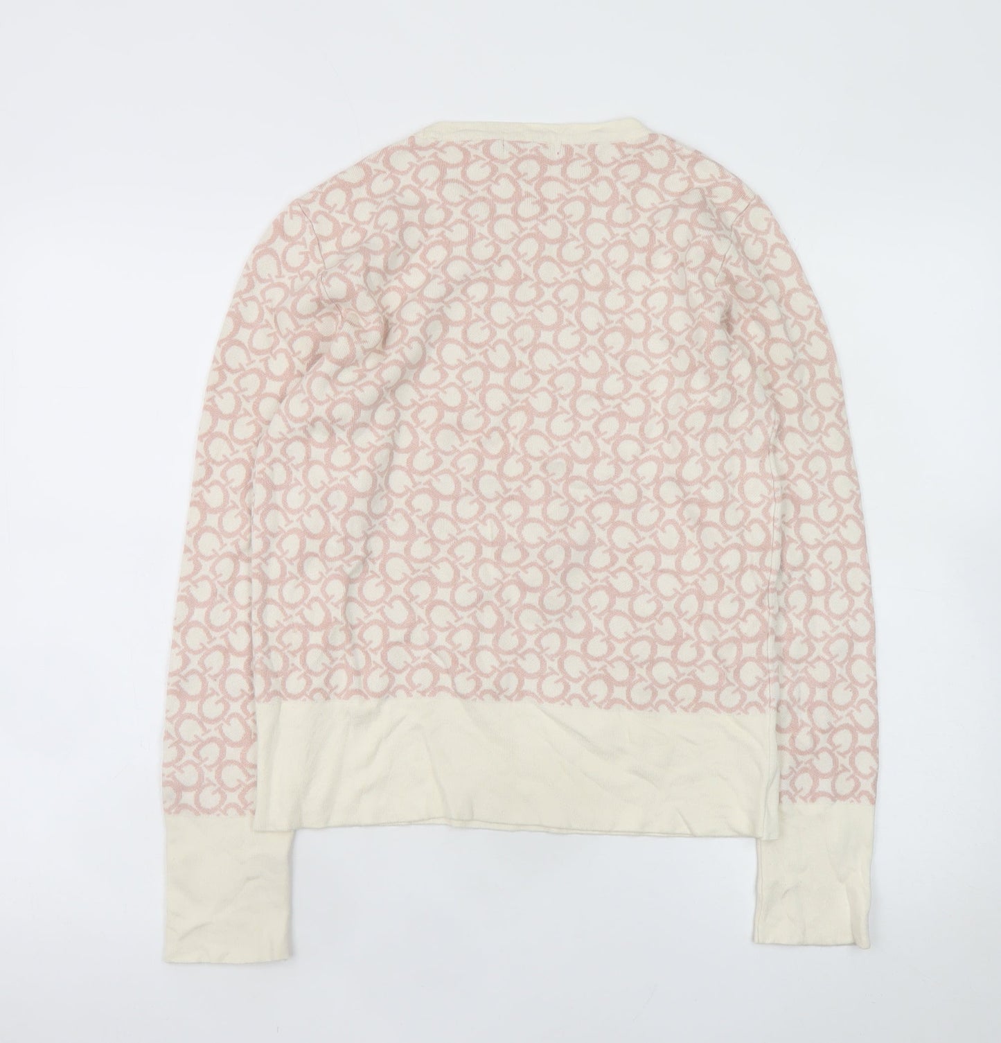 Guess Women Cream Pink Logo Knit Jumper XL Long Sleeve Crew Neck