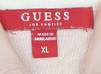 Guess Women Cream Pink Logo Knit Jumper XL Long Sleeve Crew Neck