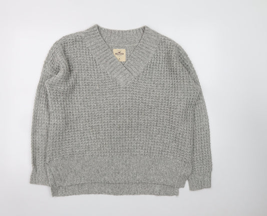 Hollister Womens Grey V-Neck Chunky Knit Pullover Jumper Size M