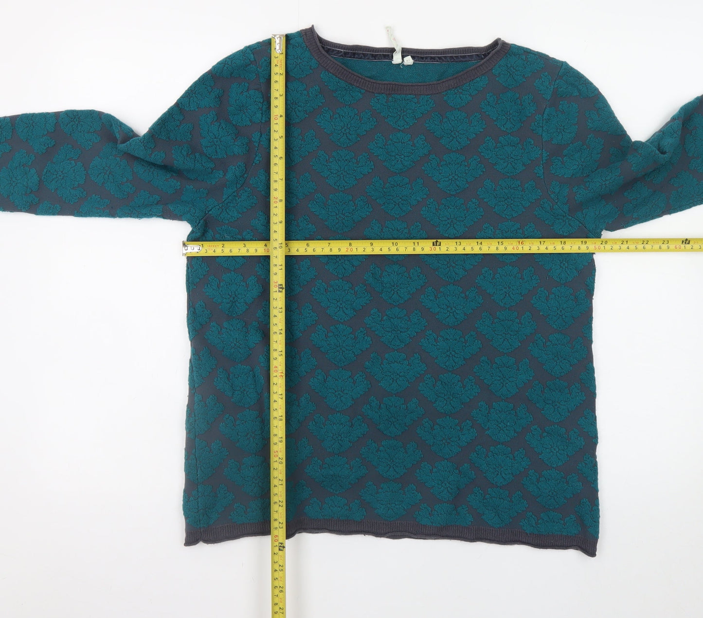 White Stuff Womens Blue Green Floral Knit Jumper Size 14 Long Sleeve