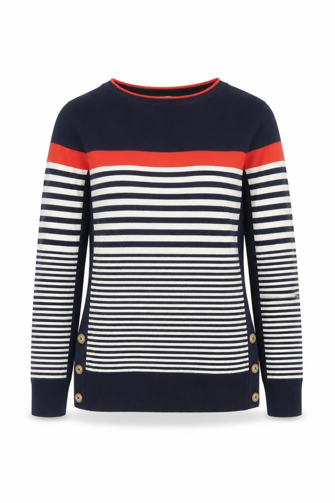 ISLE Women's Navy Striped Crew Neck Button Jumper Size S 10-12
