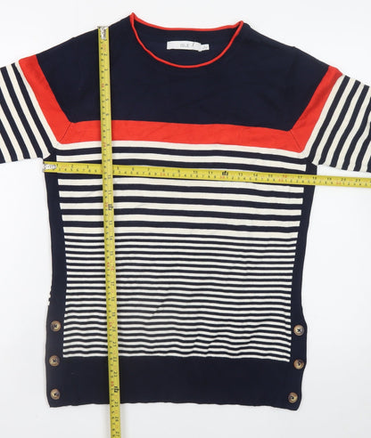 ISLE Women's Navy Striped Crew Neck Button Jumper Size S 10-12