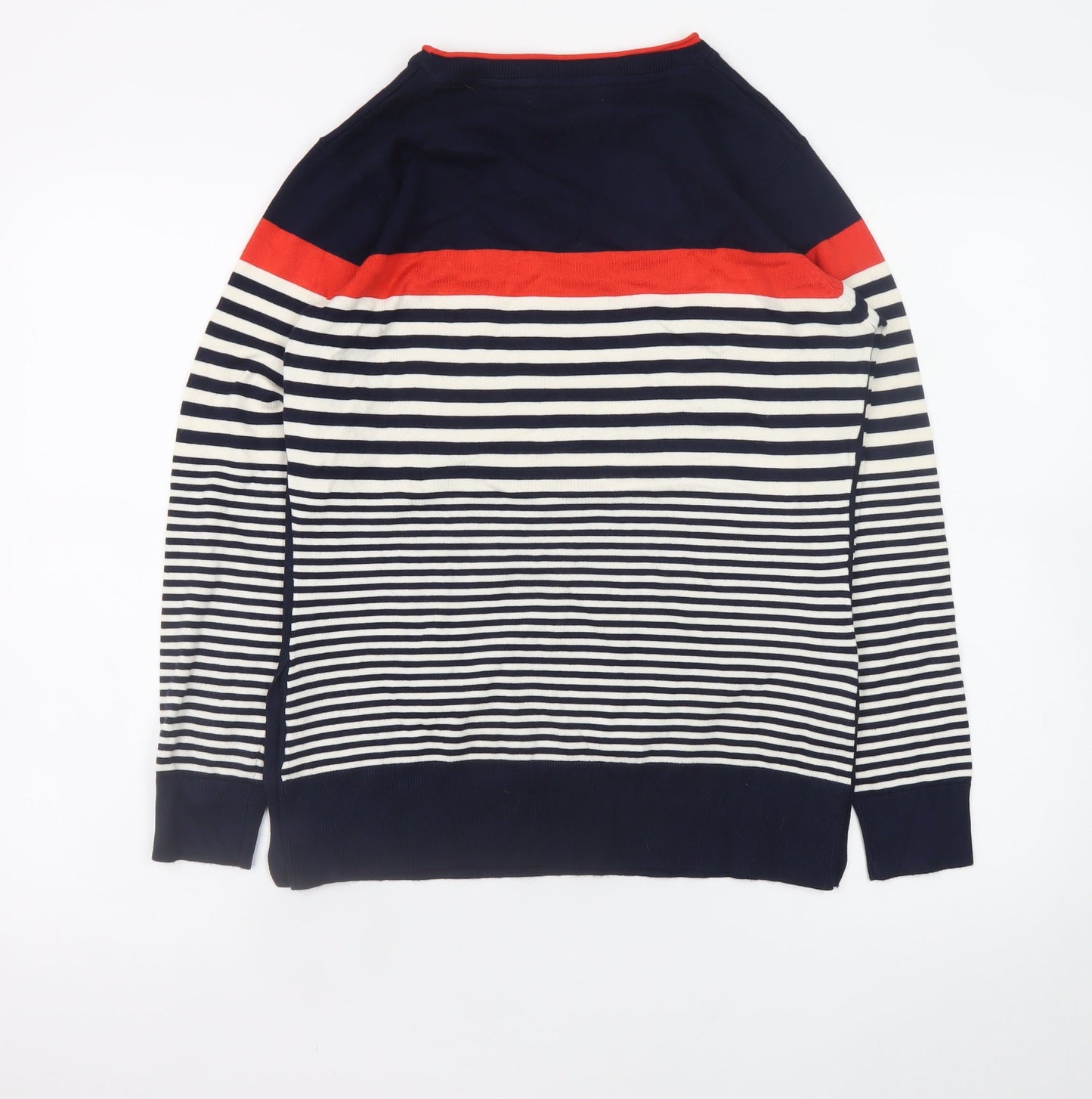 ISLE Women's Navy Striped Crew Neck Button Jumper Size S 10-12